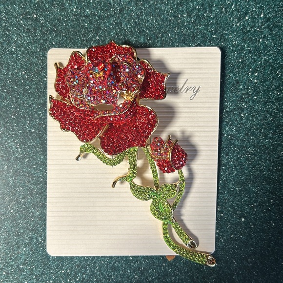 Crystal Rhinestone Embellished Red Rose Brooch - Picture 2 of 3